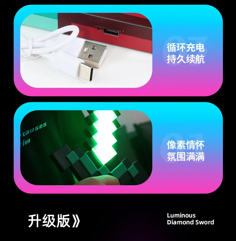 Minecraft Diamond Sword LED Night Light 3D Gamer Desk Lamp USB Charging Glowing Toys for Kids Room Decor, Birthday Gift for Boys