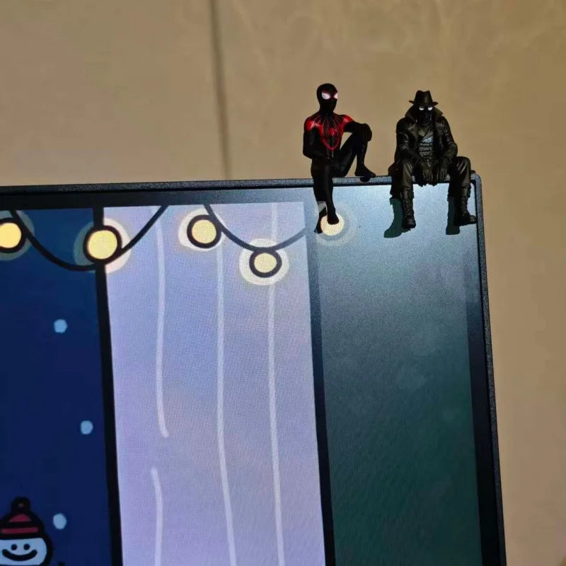Miles Morales Noir Spider Man Sitting Pose Magnet Monitor Topper Figurine Ornament Desktop Decor Pvc Mini Figure Collect Gift