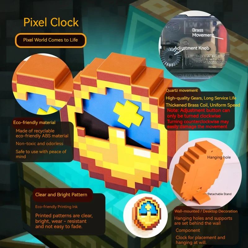 24/12-Hour Mosaic Clock High-Quality Pixel-Style Mc Annoying Villagers Game Clock Sun - Moon Swingable Clock Wall Desk Decor