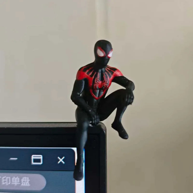 Miles Morales Noir Spider Man Sitting Pose Magnet Monitor Topper Figurine Ornament Desktop Decor Pvc Mini Figure Collect Gift