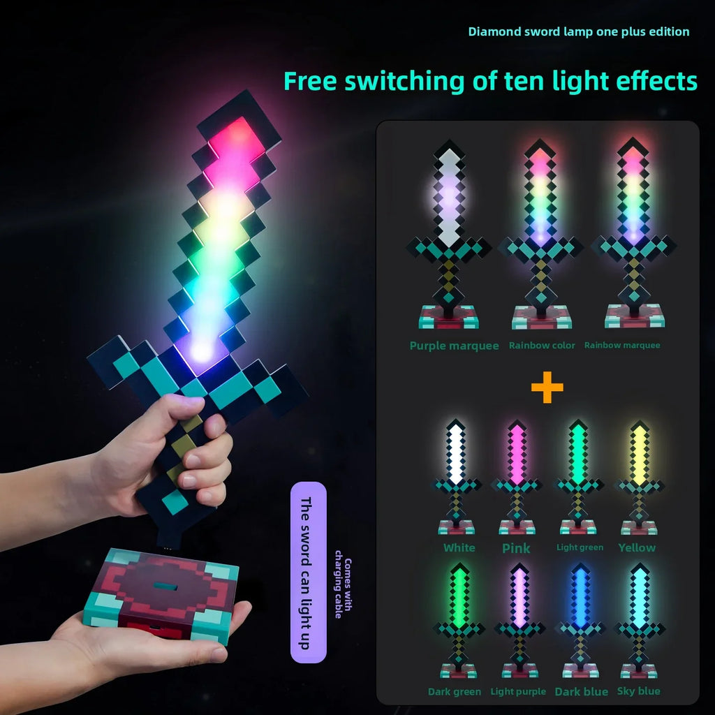 Minecraft Diamond Sword LED Night Light 3D Gamer Desk Lamp USB Charging Glowing Toys for Kids Room Decor, Birthday Gift for Boys