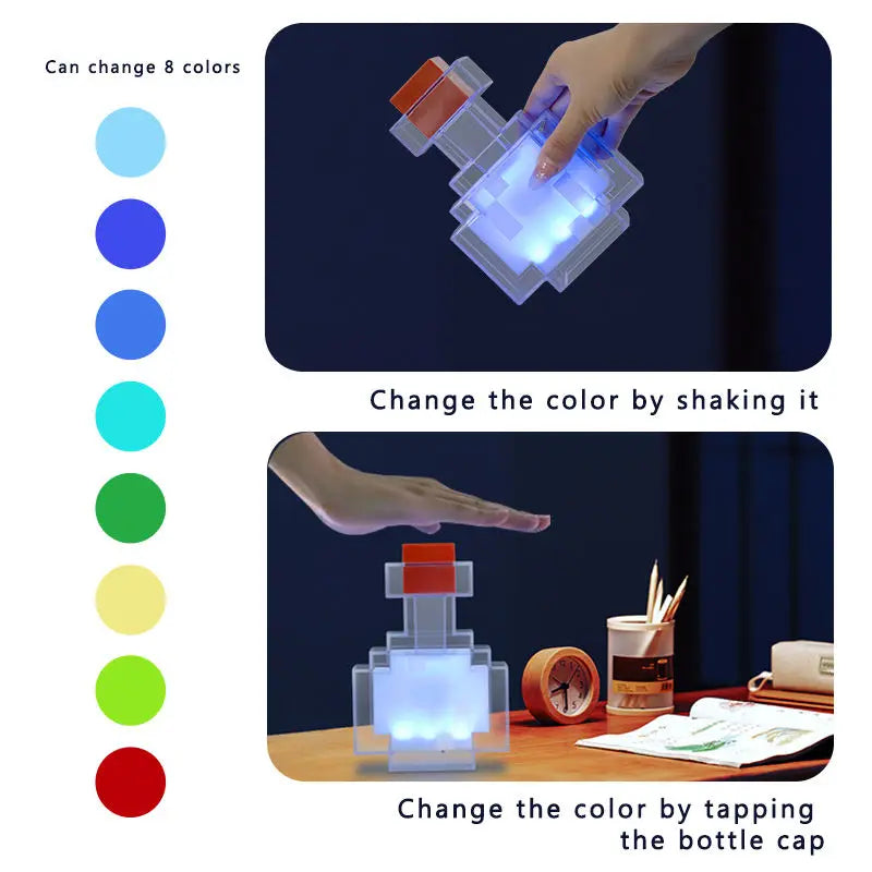 Minecraft Game Potion Bottle Night Light 7 Colors Changing LED Tap Control Rechargeable Atmosphere Lamp for Bedroom Desk Decor Gifts