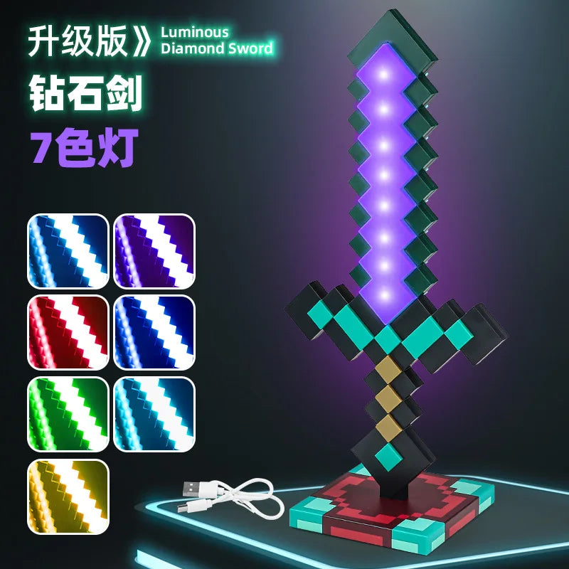 Minecraft Diamond Sword LED Night Light 3D Gamer Desk Lamp USB Charging Glowing Toys for Kids Room Decor, Birthday Gift for Boys