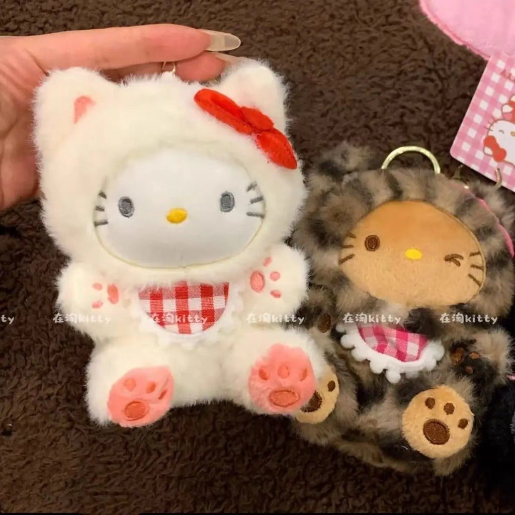 New Cartoon Sanrio Kawaii Hello Kitty Leopard Print Costume Hoodie Series Kitty Plush Doll Bag Charm KeyChain Girl Birthday Gift