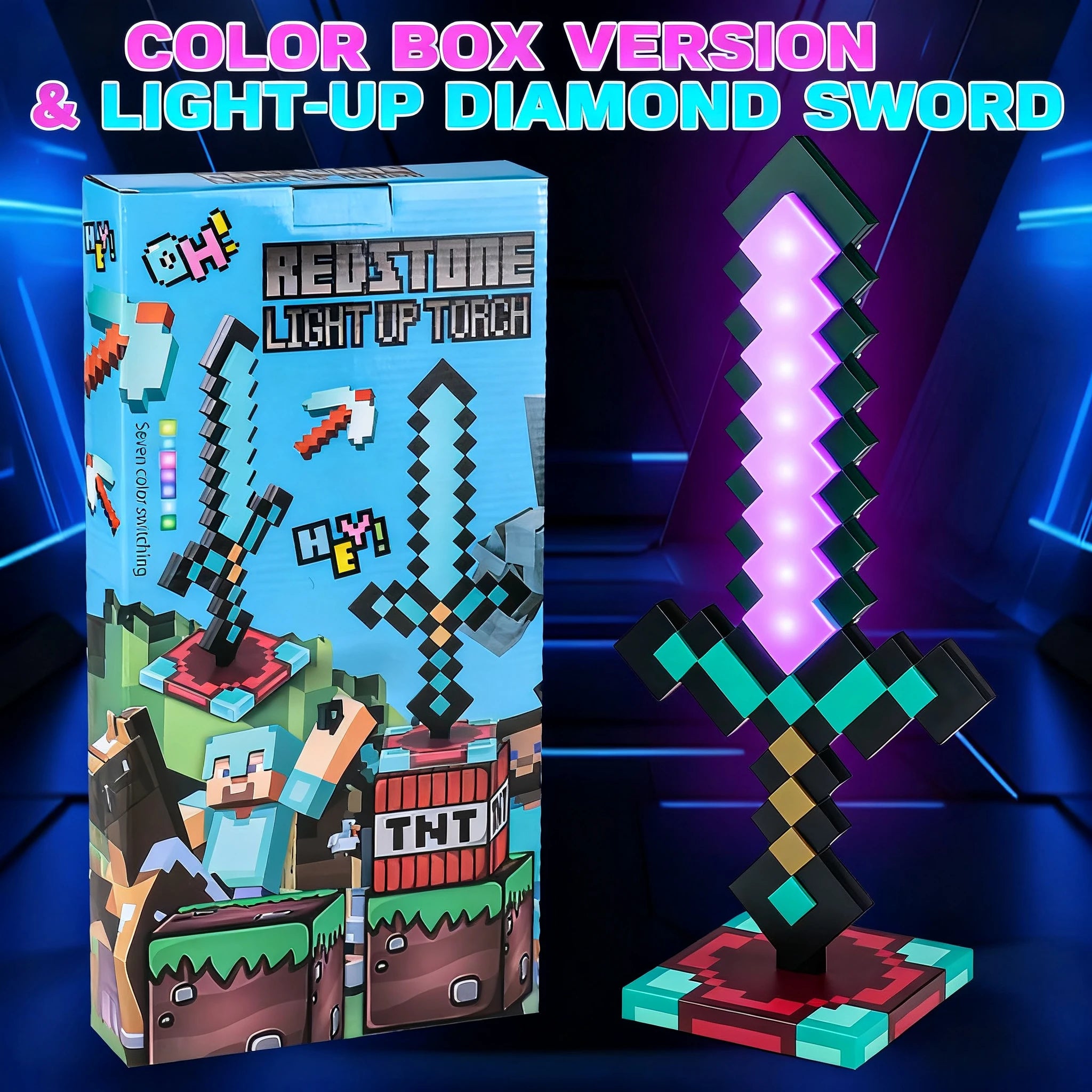 Minecraft Diamond Sword LED Night Light 3D Gamer Desk Lamp USB Charging Glowing Toys for Kids Room Decor, Birthday Gift for Boys