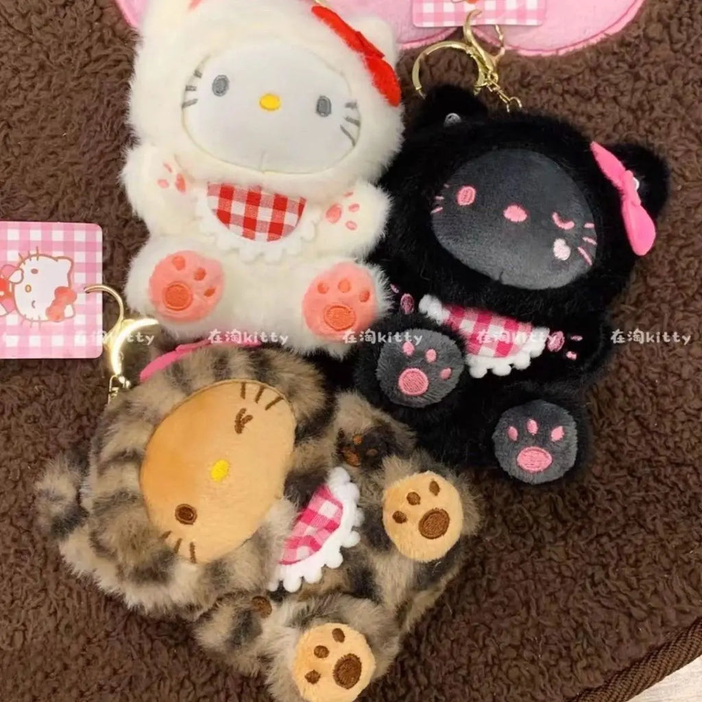 New Cartoon Sanrio Kawaii Hello Kitty Leopard Print Costume Hoodie Series Kitty Plush Doll Bag Charm KeyChain Girl Birthday Gift