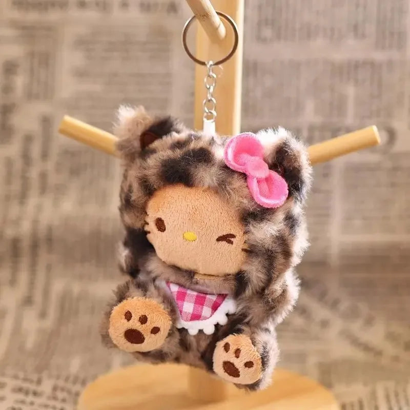 New Cartoon Sanrio Kawaii Hello Kitty Leopard Print Costume Hoodie Series Kitty Plush Doll Bag Charm KeyChain Girl Birthday Gift