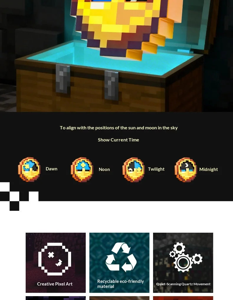 24/12-Hour Mosaic Clock High-Quality Pixel-Style Mc Annoying Villagers Game Clock Sun - Moon Swingable Clock Wall Desk Decor