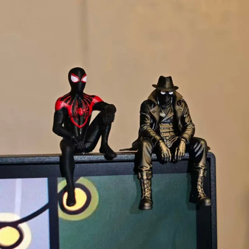 Miles Morales Noir Spider Man Sitting Pose Magnet Monitor Topper Figurine Ornament Desktop Decor Pvc Mini Figure Collect Gift