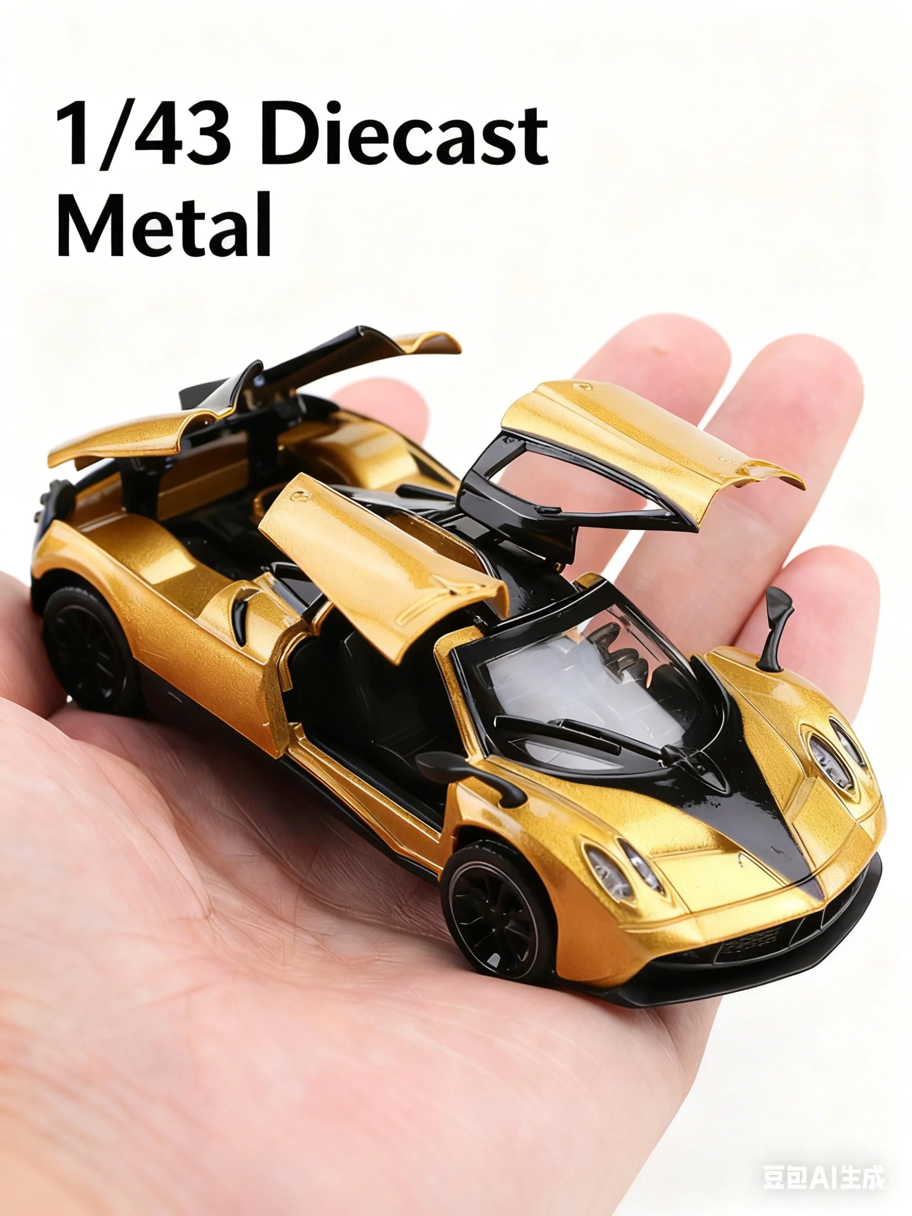 (Bagged) 1/43 scale gold pullback racing car, die-cast metal, three doors that open. Exquisite boy toy, mini pocket toy car.